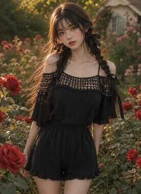 Flirtatious Outing cold shoulder crocheted gauzy shorts romper L